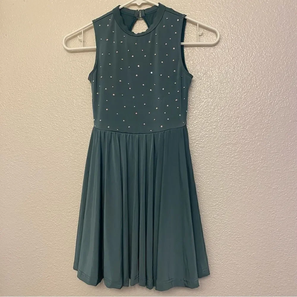 WEISSMAN Dance Costume Sage green Keyhole Back Skater Dress rhinestone D11782 IC